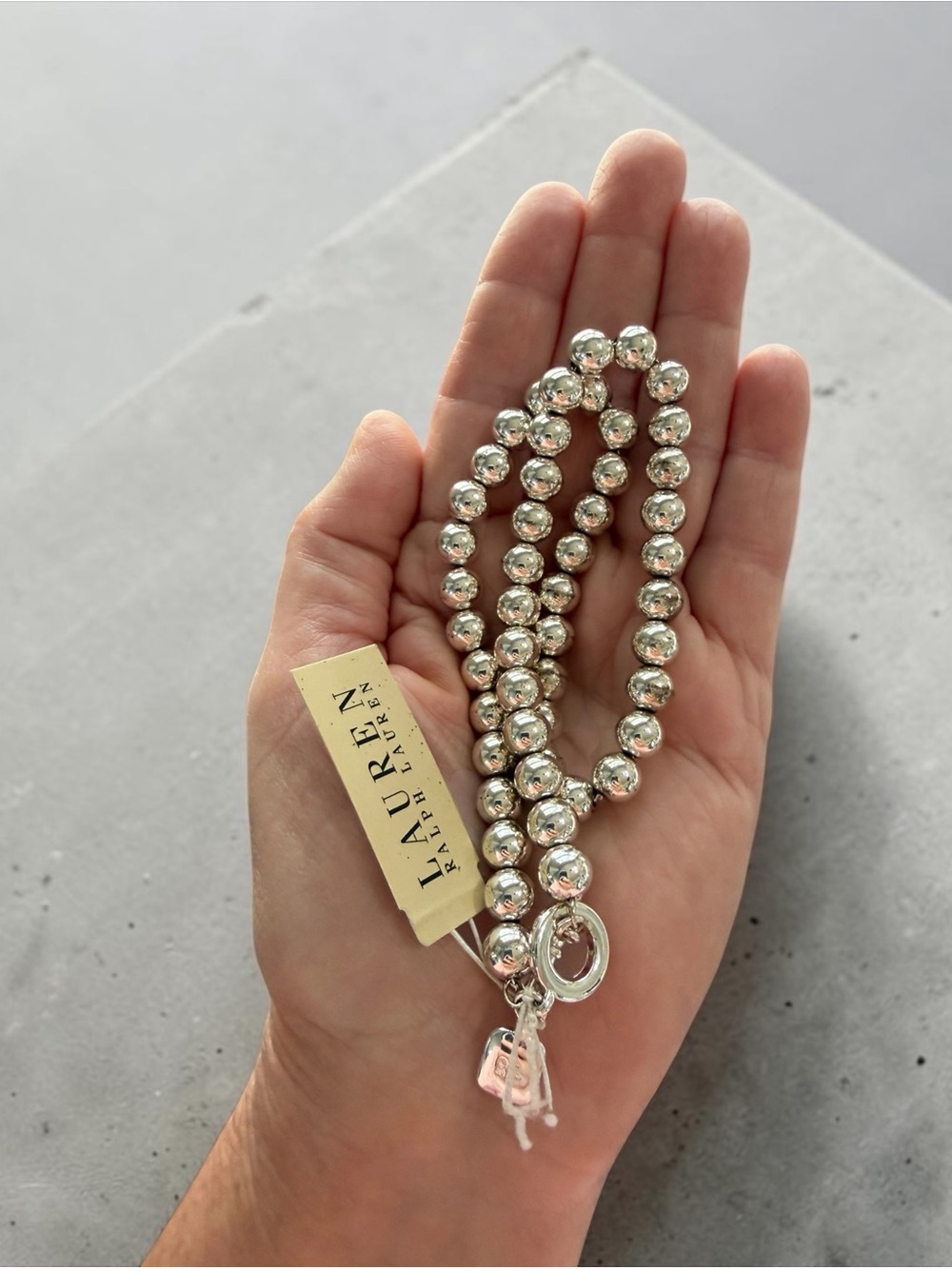 Lauren Ralph Lauren Silver Beaded Necklace | 5mm Ball Beads | Toggle Clasp + LRL - Picture 3 of 7
